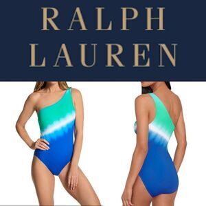 NEW RALPH LAUREN ONE SHOULDER BLUE GREEN OMBRE PIECE SWIMSUIT 4 NWT